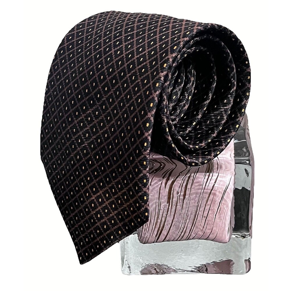 Stefano Ricci Mens Italian Silk Tie Brown Black Geometric Lattice Gold Dots Luxe